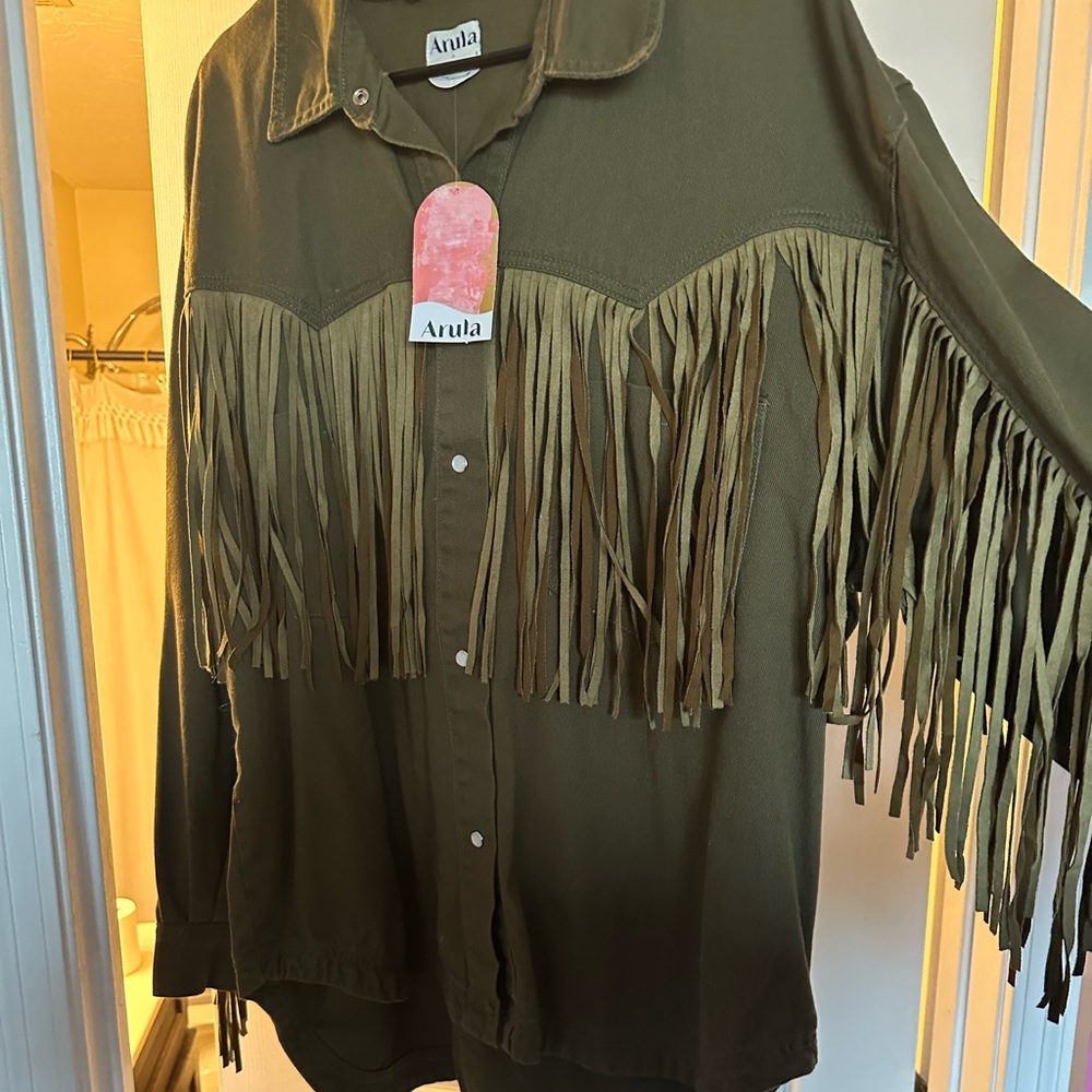 Arula Fringe Shacket in olive